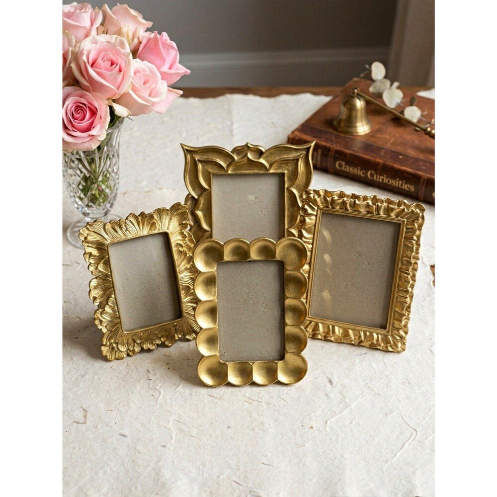 Set of 4 Gold Tone Ornate Metal Tabletop Photo Frames Portrait Glass
